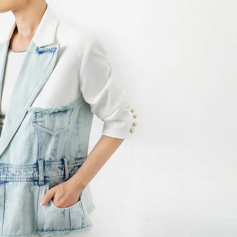 Half Denim Half Solid Long Blazer