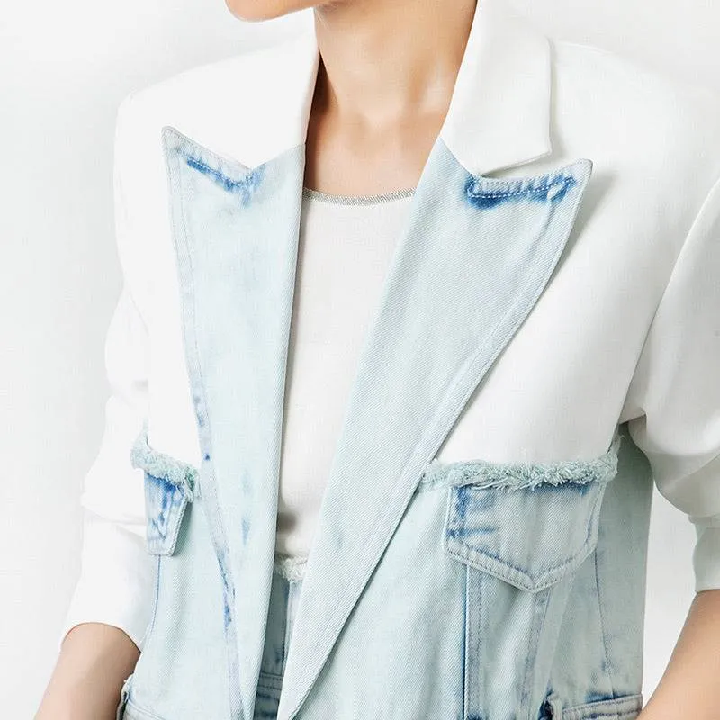 Half Denim Half Solid Long Blazer