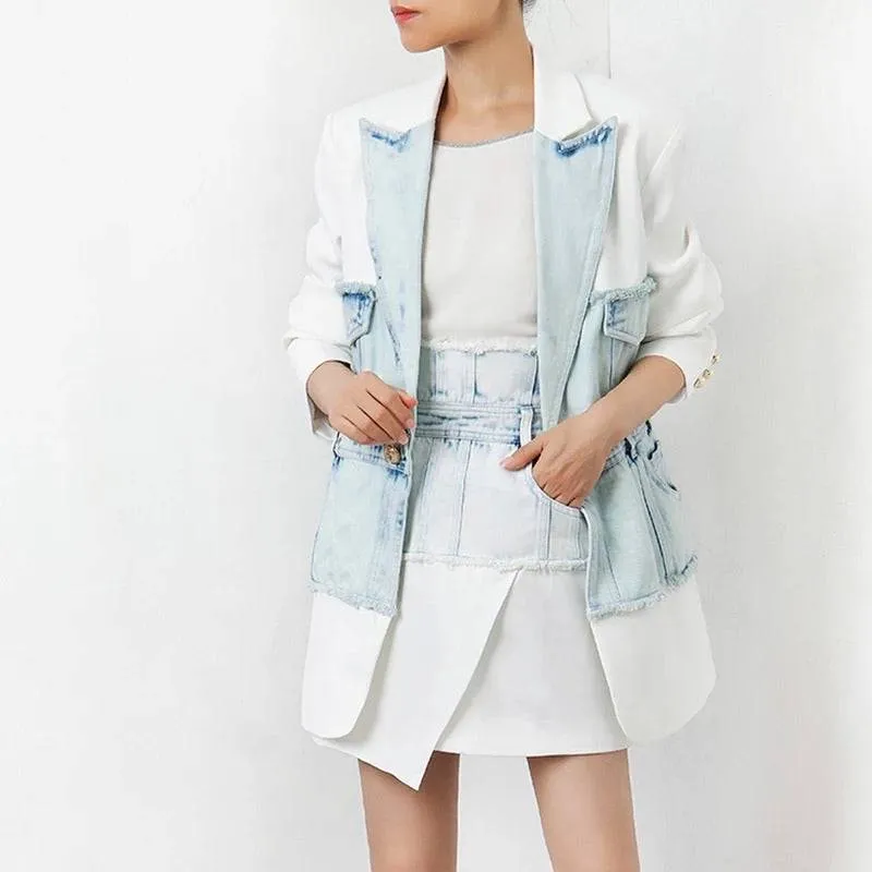 Half Denim Half Solid Long Blazer