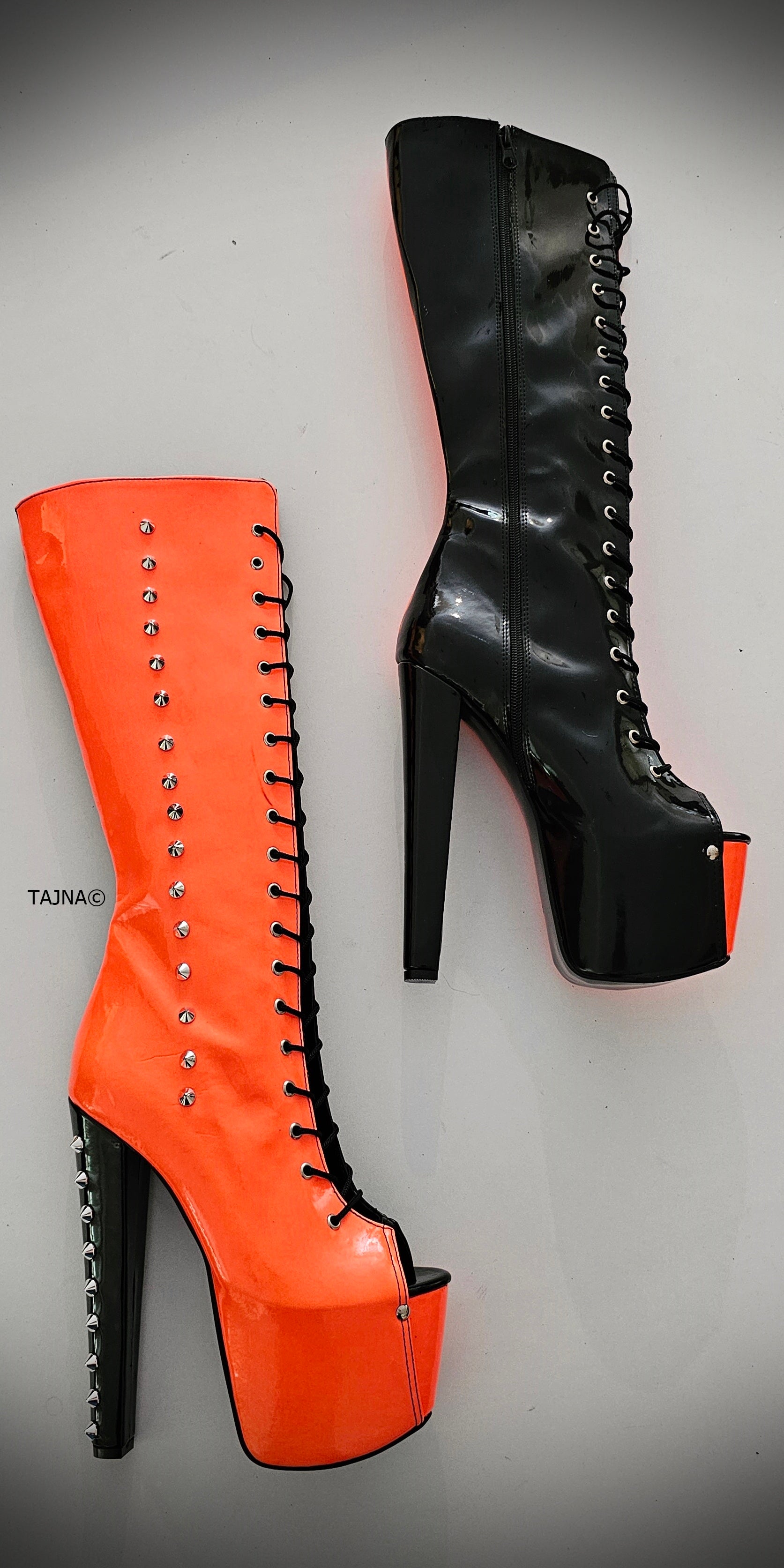 Halloween Orange Black Spiked Mid Calf Boots