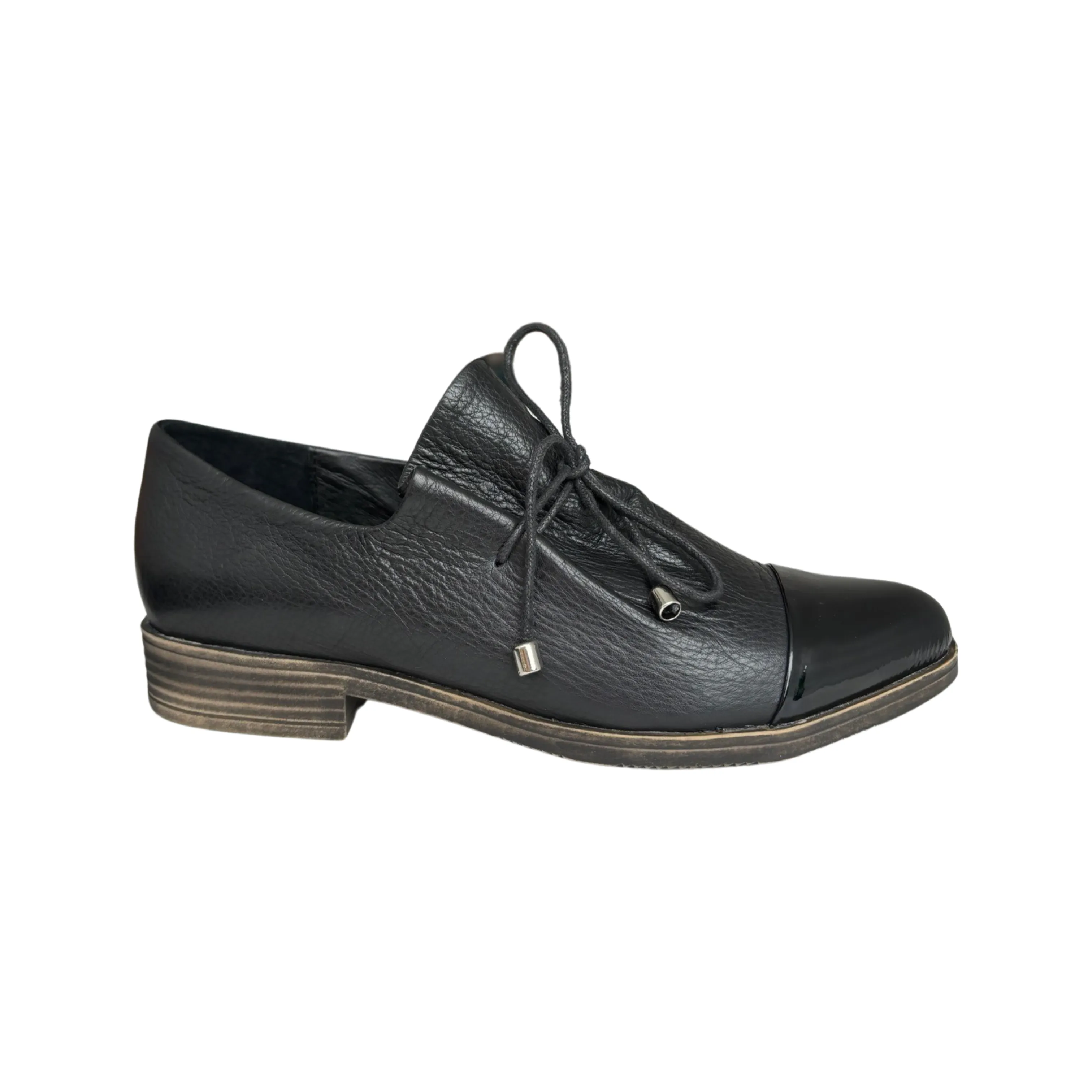 Kotty Black Leather/Patent Toe Flat