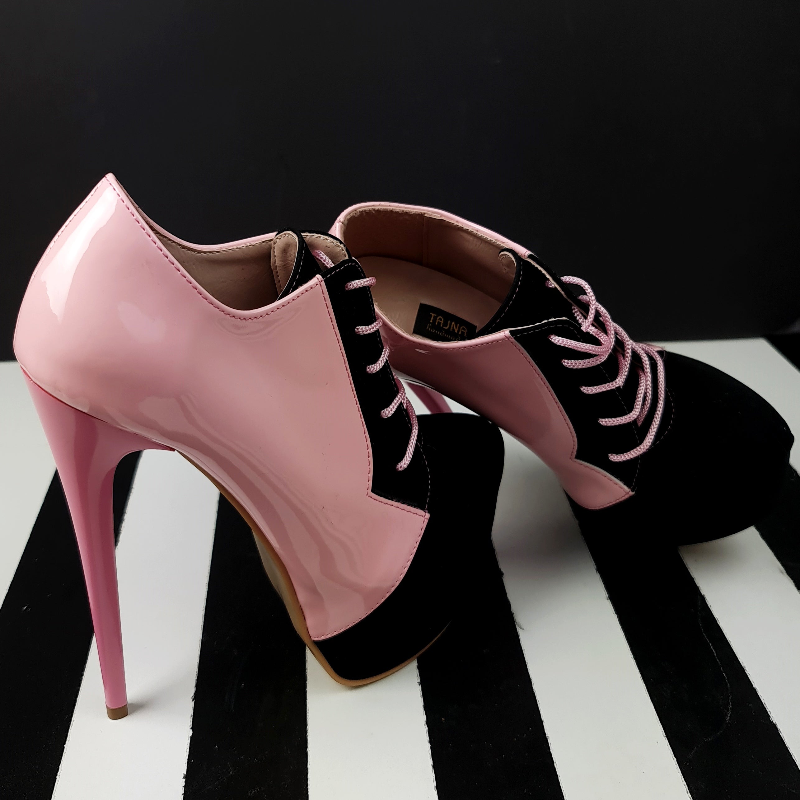 Light Pink Black Oxford Lace Up Ankle Cut Heels