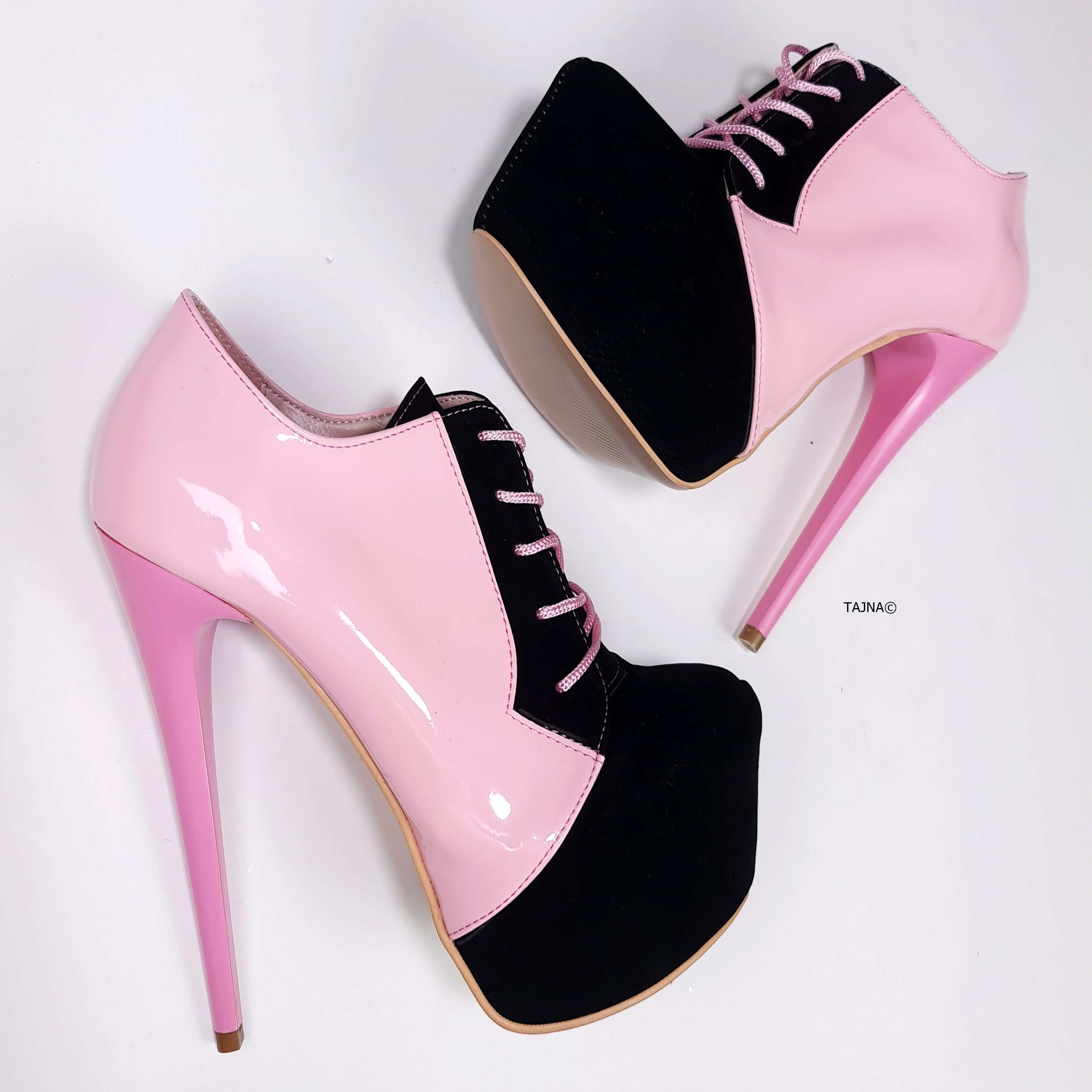 Light Pink Black Oxford Lace Up Ankle Cut Heels