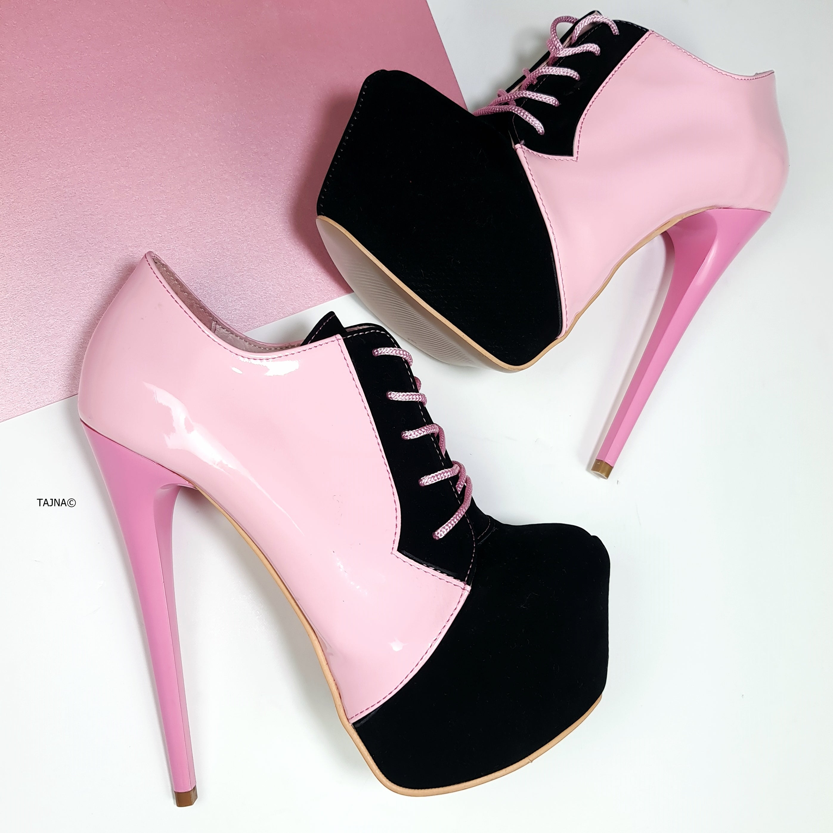 Light Pink Black Oxford Lace Up Ankle Cut Heels