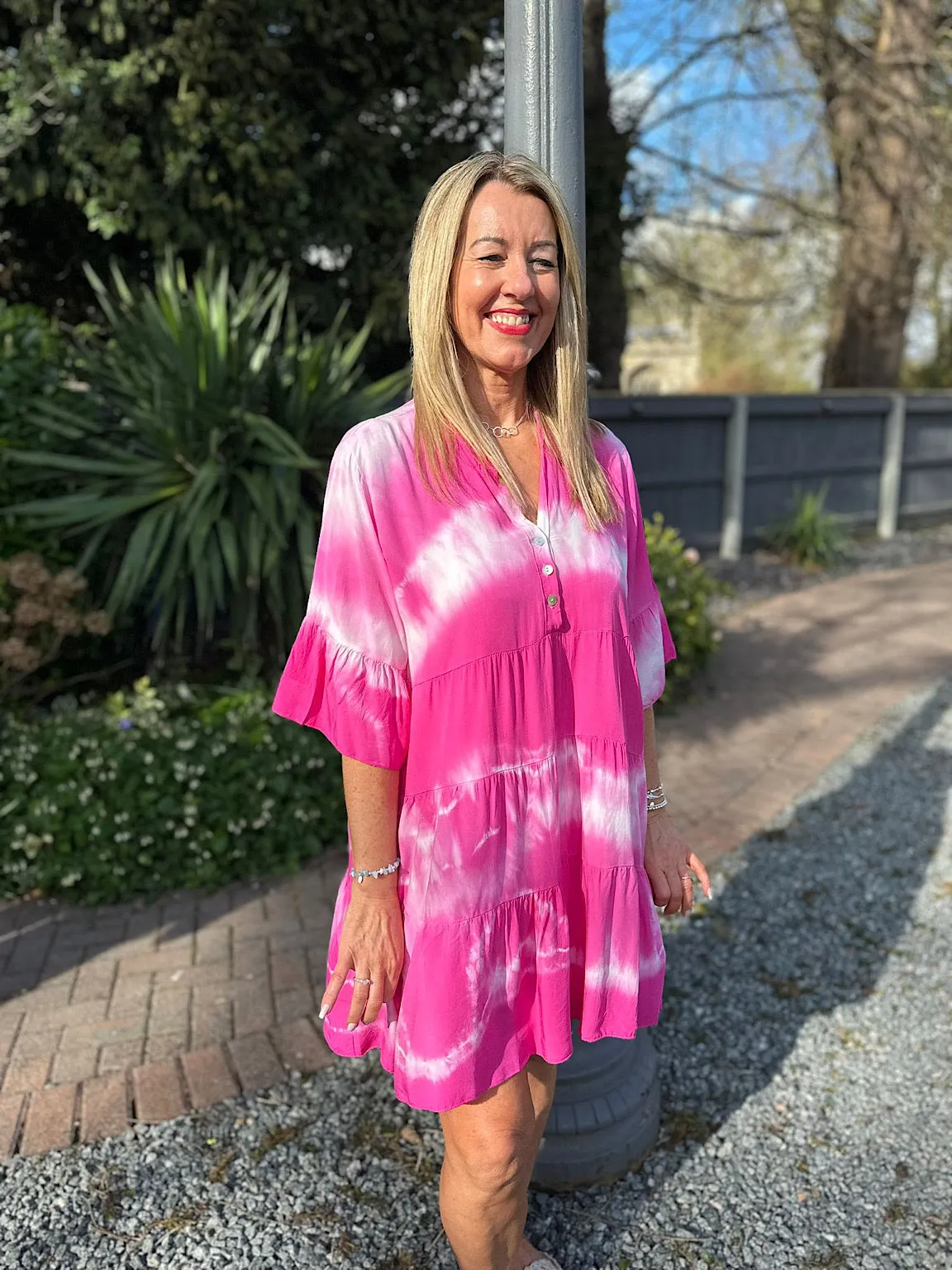 Lipstick Pink Tie Dye Tiered Tunic Hattie