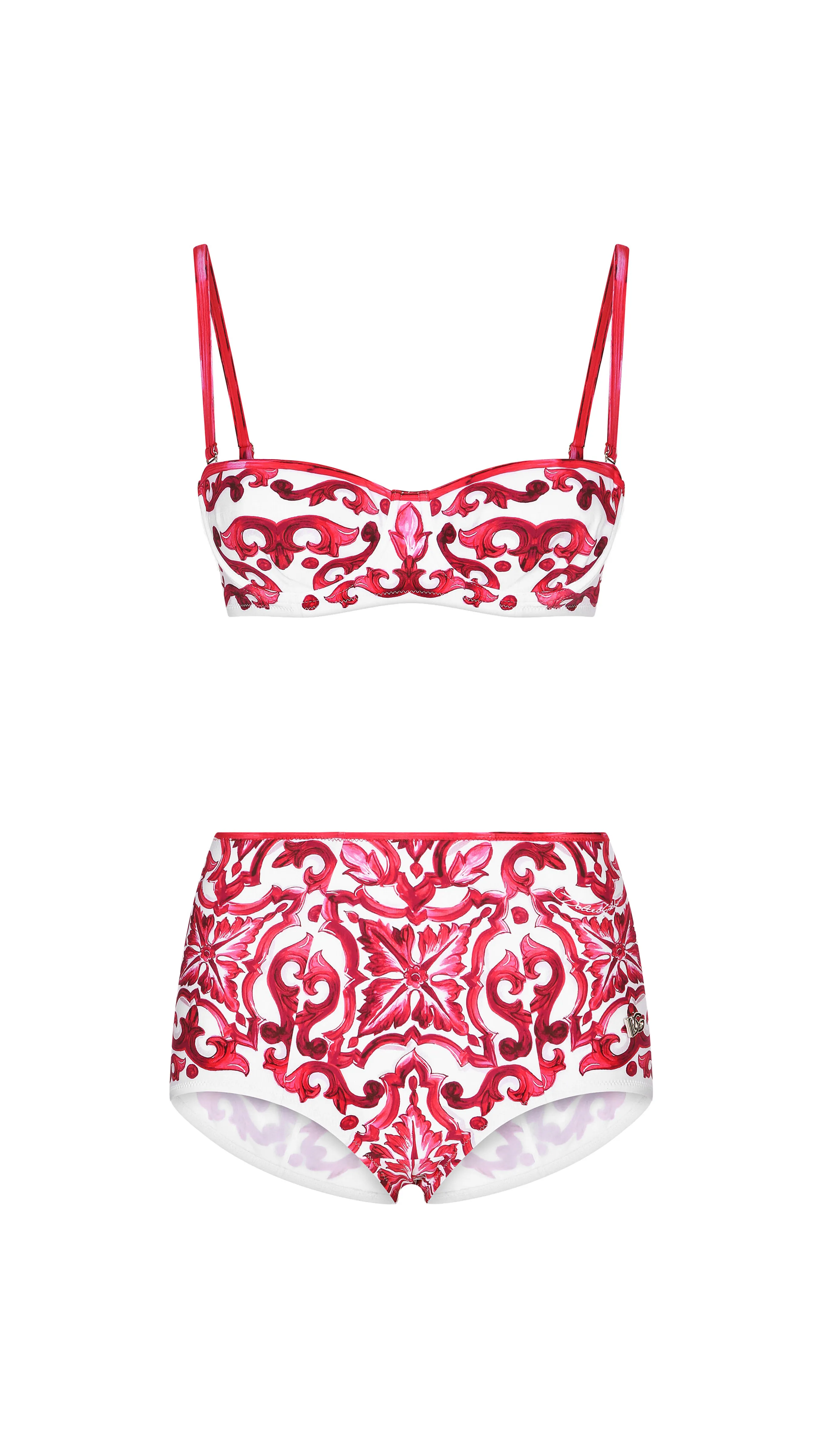 Majolica Print Balconette Bikini Top and Bottoms - White/Red