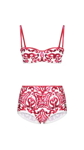 Majolica Print Balconette Bikini Top and Bottoms - White/Red