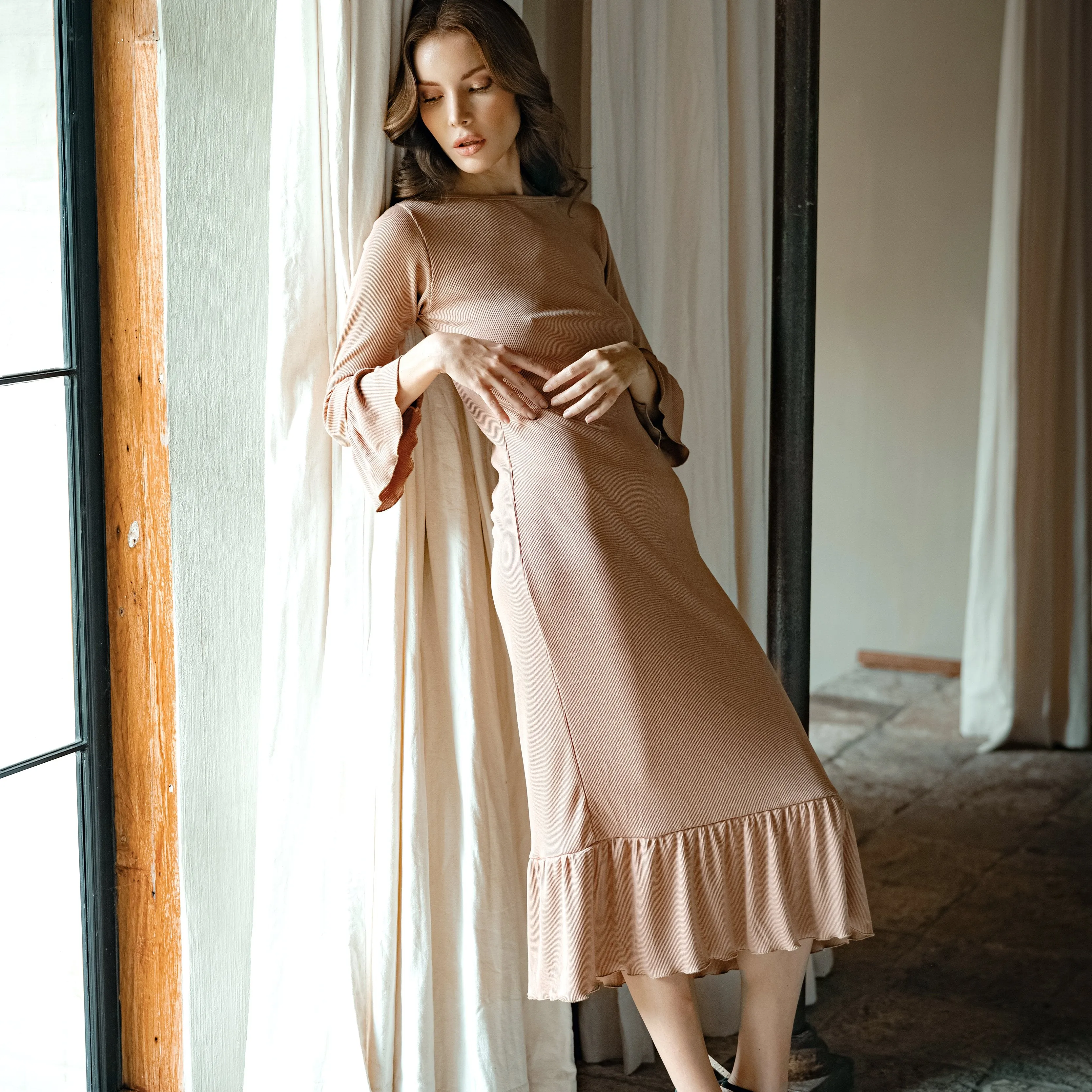 MARJORIE Ruffle Dress, in Camel Brown