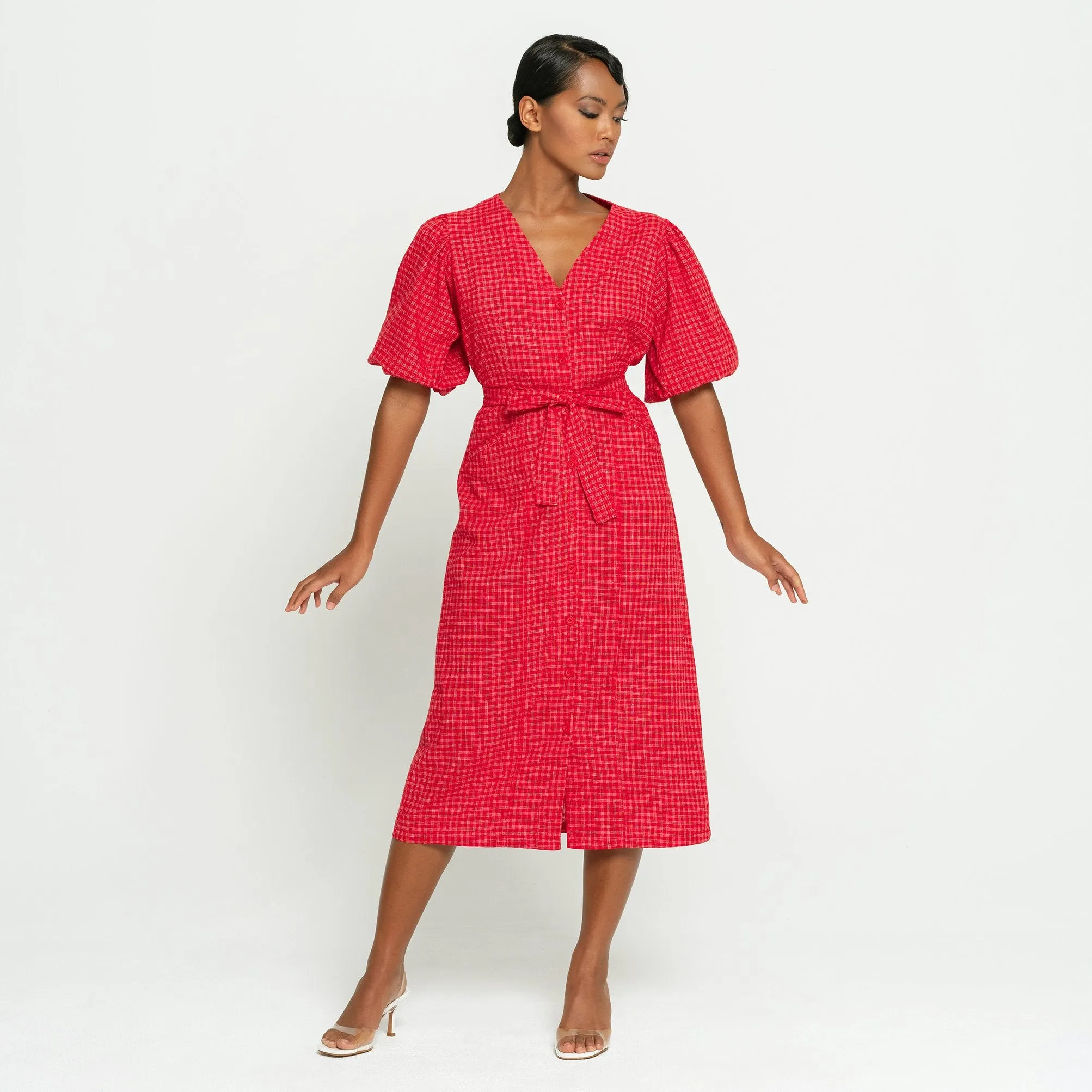 Meghan Gingham Hemp Midi Dress, in Scarlet Red