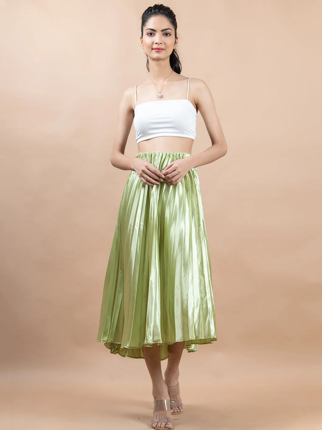 Mehandi Green Flared Skirt with Accordion Pleats For Women