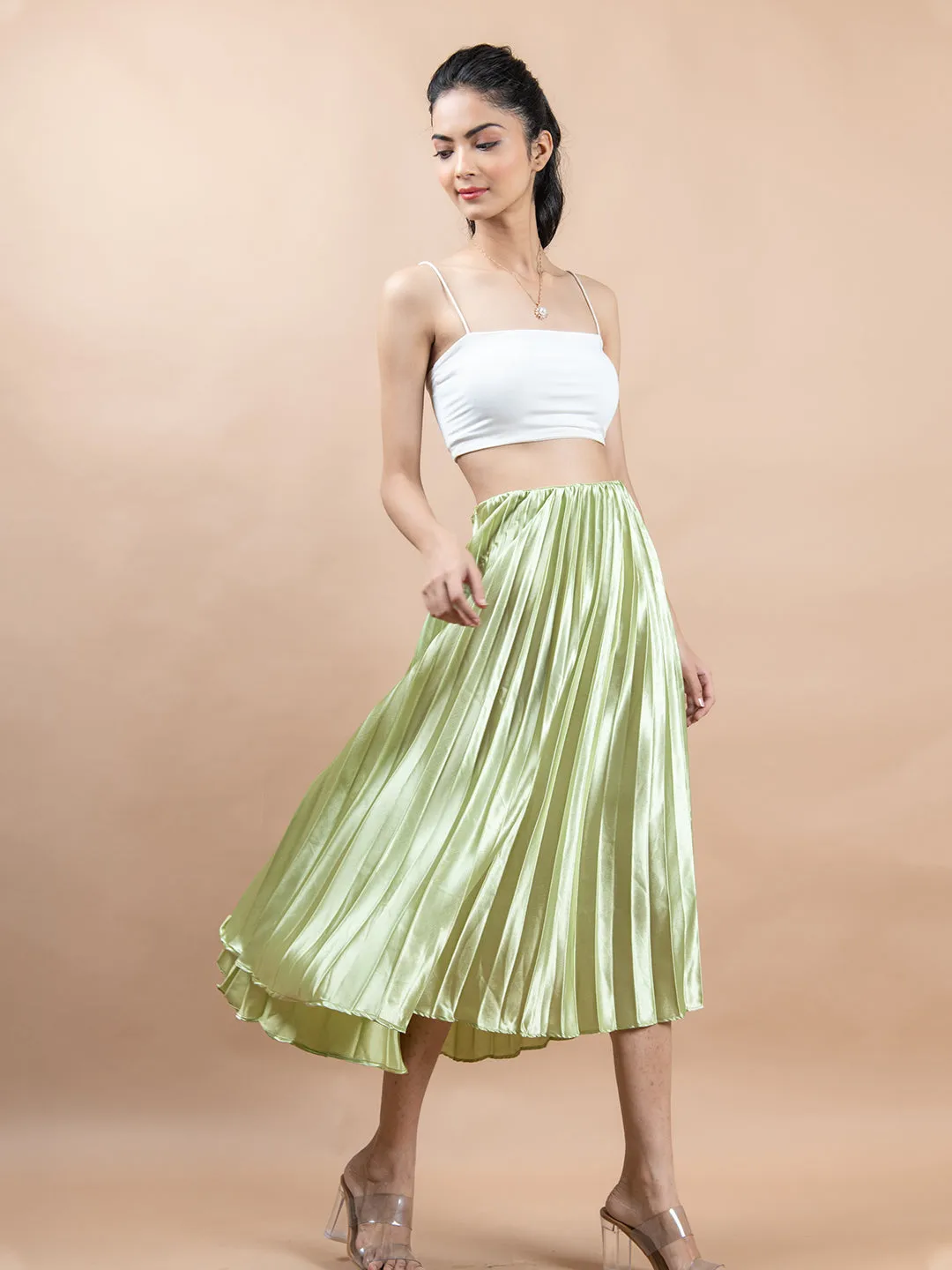 Mehandi Green Flared Skirt with Accordion Pleats For Women