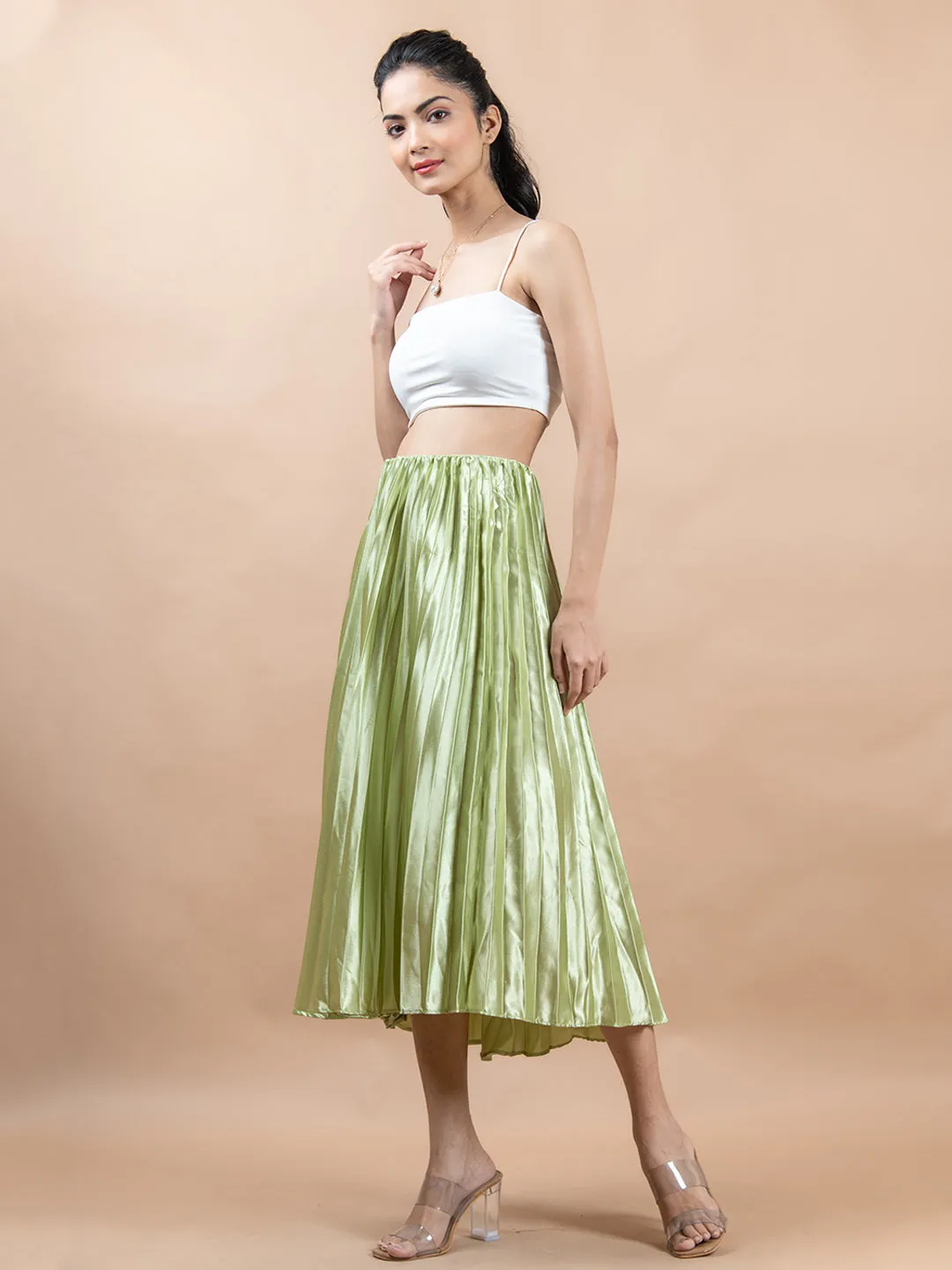 Mehandi Green Flared Skirt with Accordion Pleats For Women