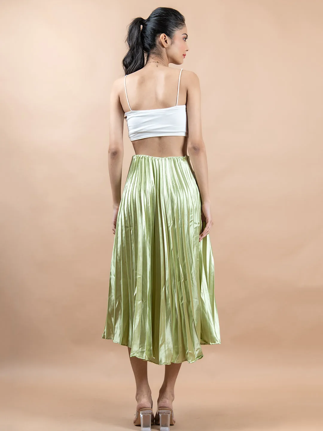 Mehandi Green Flared Skirt with Accordion Pleats For Women