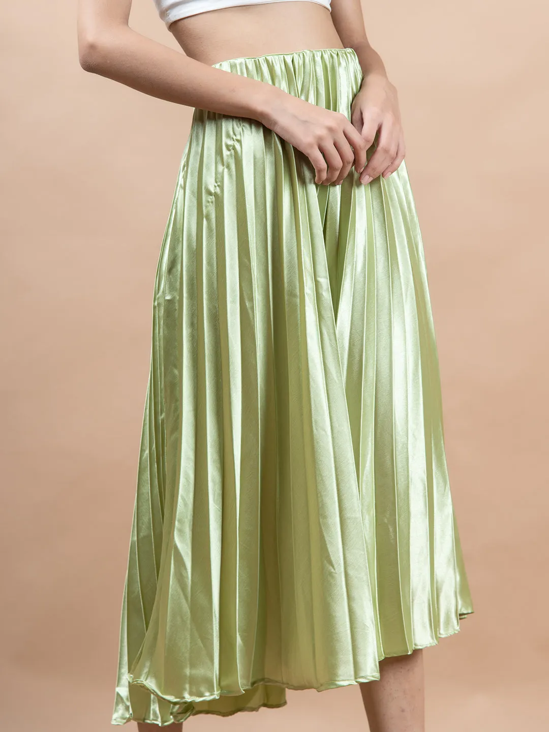 Mehandi Green Flared Skirt with Accordion Pleats For Women