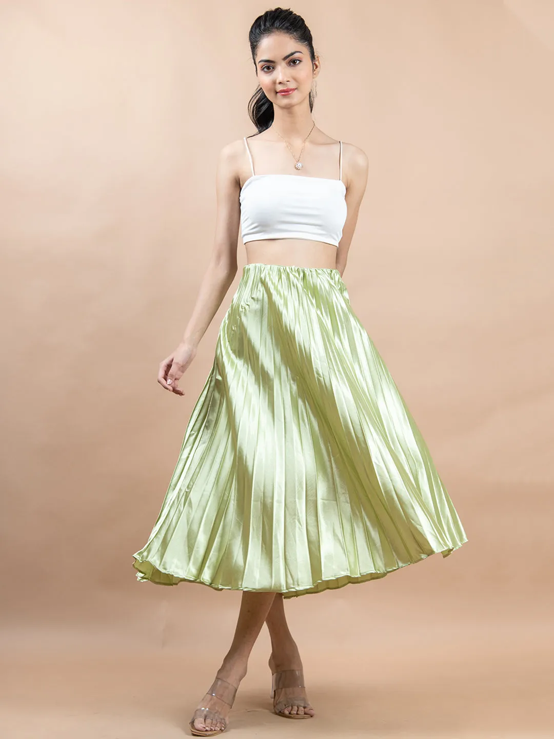 Mehandi Green Flared Skirt with Accordion Pleats For Women