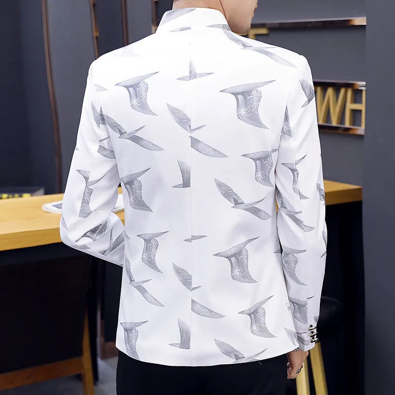 Men's Teenager Slim Fit Handsome Stand Collar Printed Casual Blazer