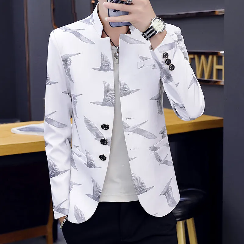 Men's Teenager Slim Fit Handsome Stand Collar Printed Casual Blazer