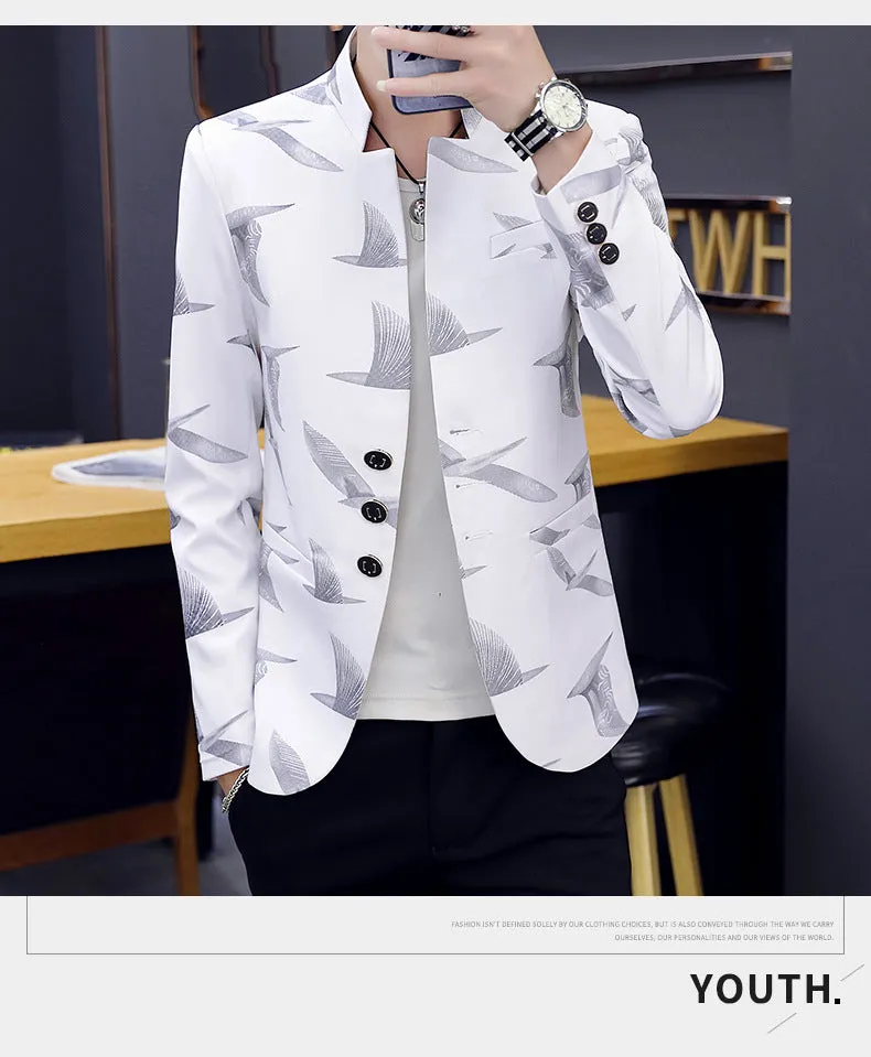 Men's Teenager Slim Fit Handsome Stand Collar Printed Casual Blazer