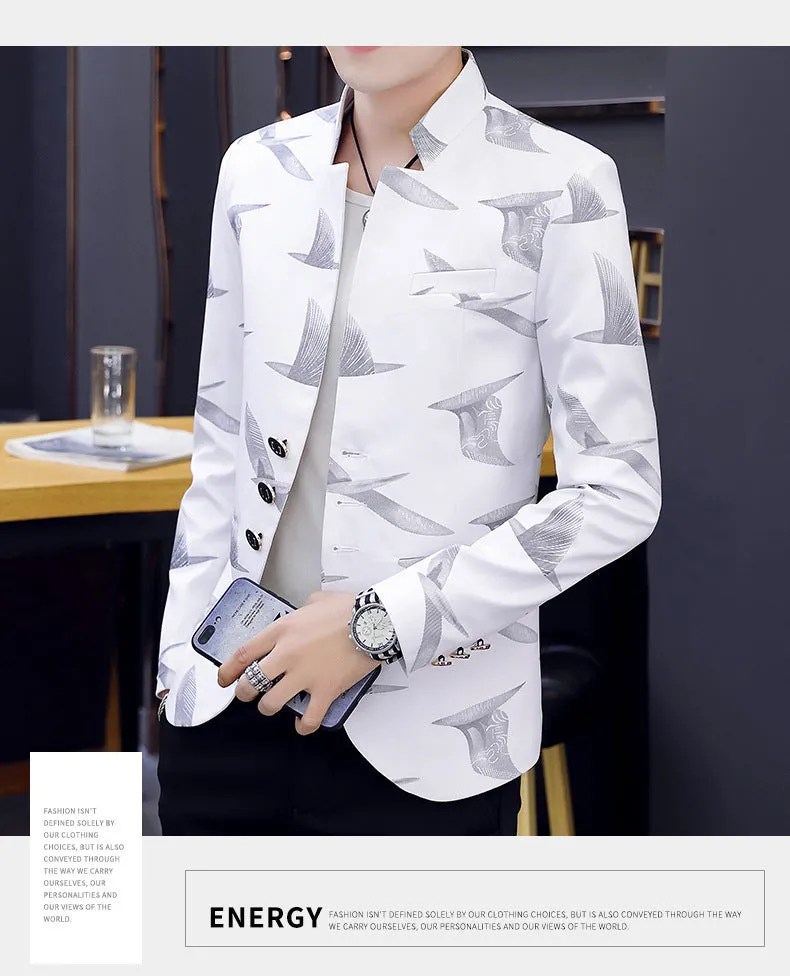 Men's Teenager Slim Fit Handsome Stand Collar Printed Casual Blazer