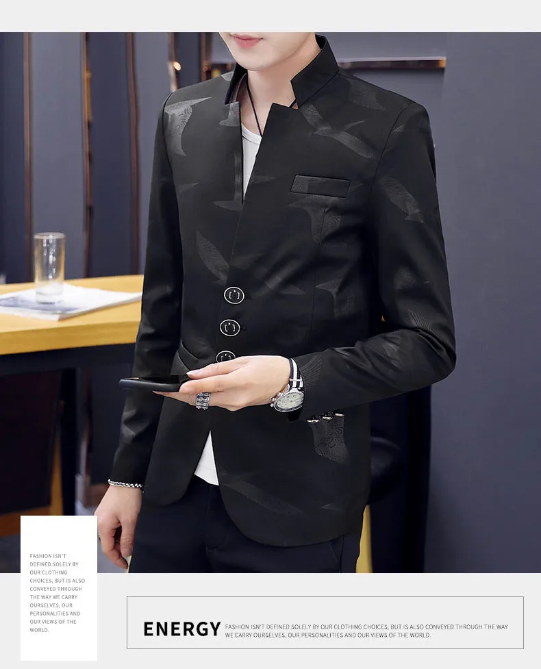 Men's Teenager Slim Fit Handsome Stand Collar Printed Casual Blazer