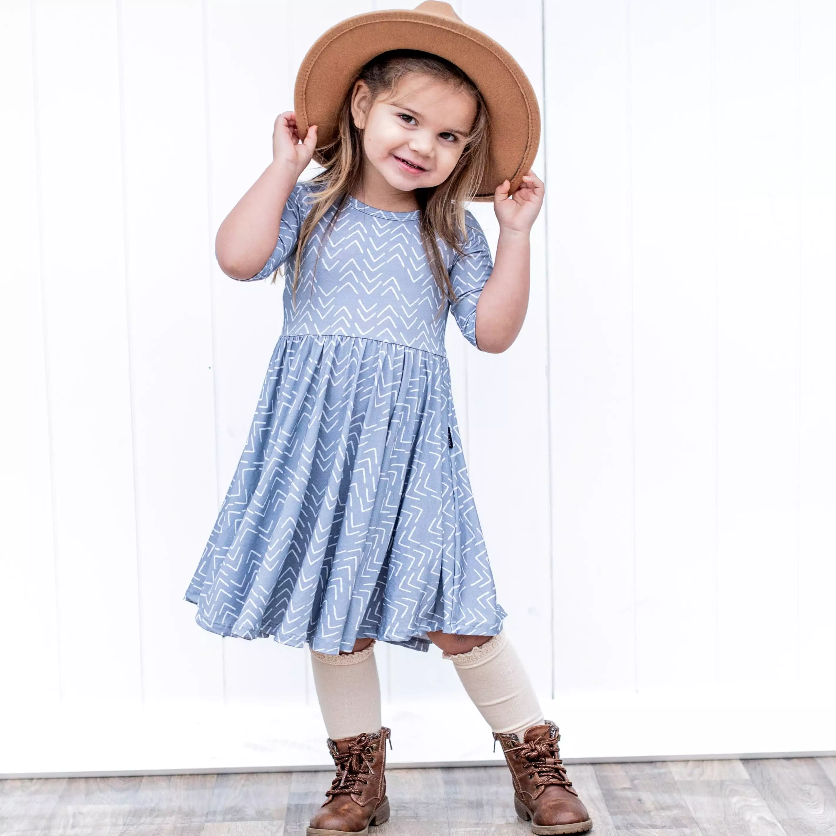 MID SLEEVE TWIRL DRESS- Blue Mud Cloth