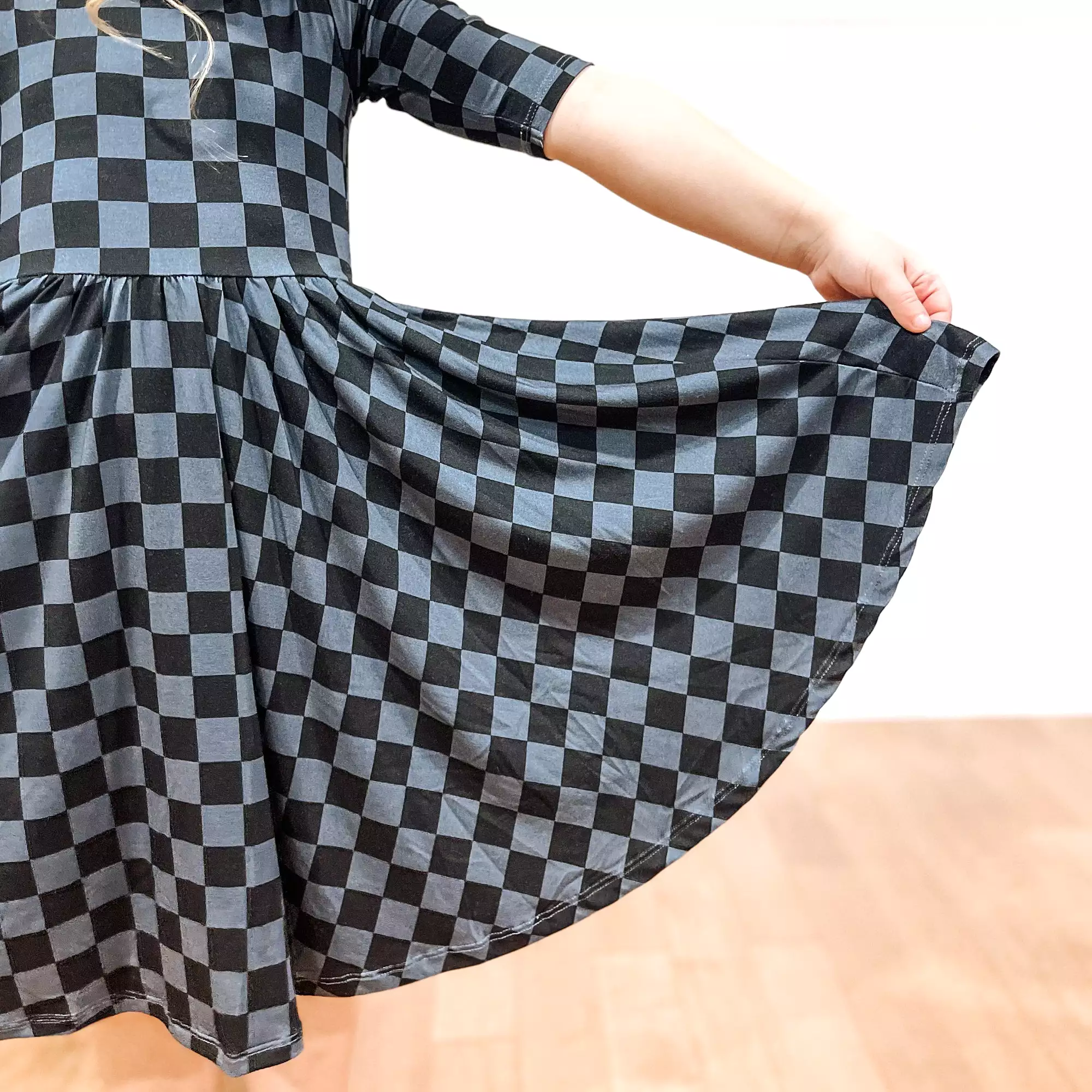 MID SLEEVE TWIRL DRESS- Grey Check