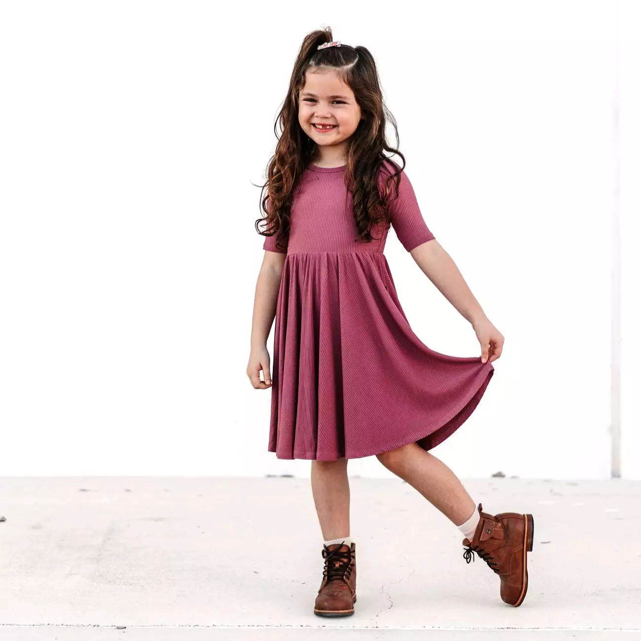 MID SLEEVE TWIRL DRESS- Mauve Ribbed