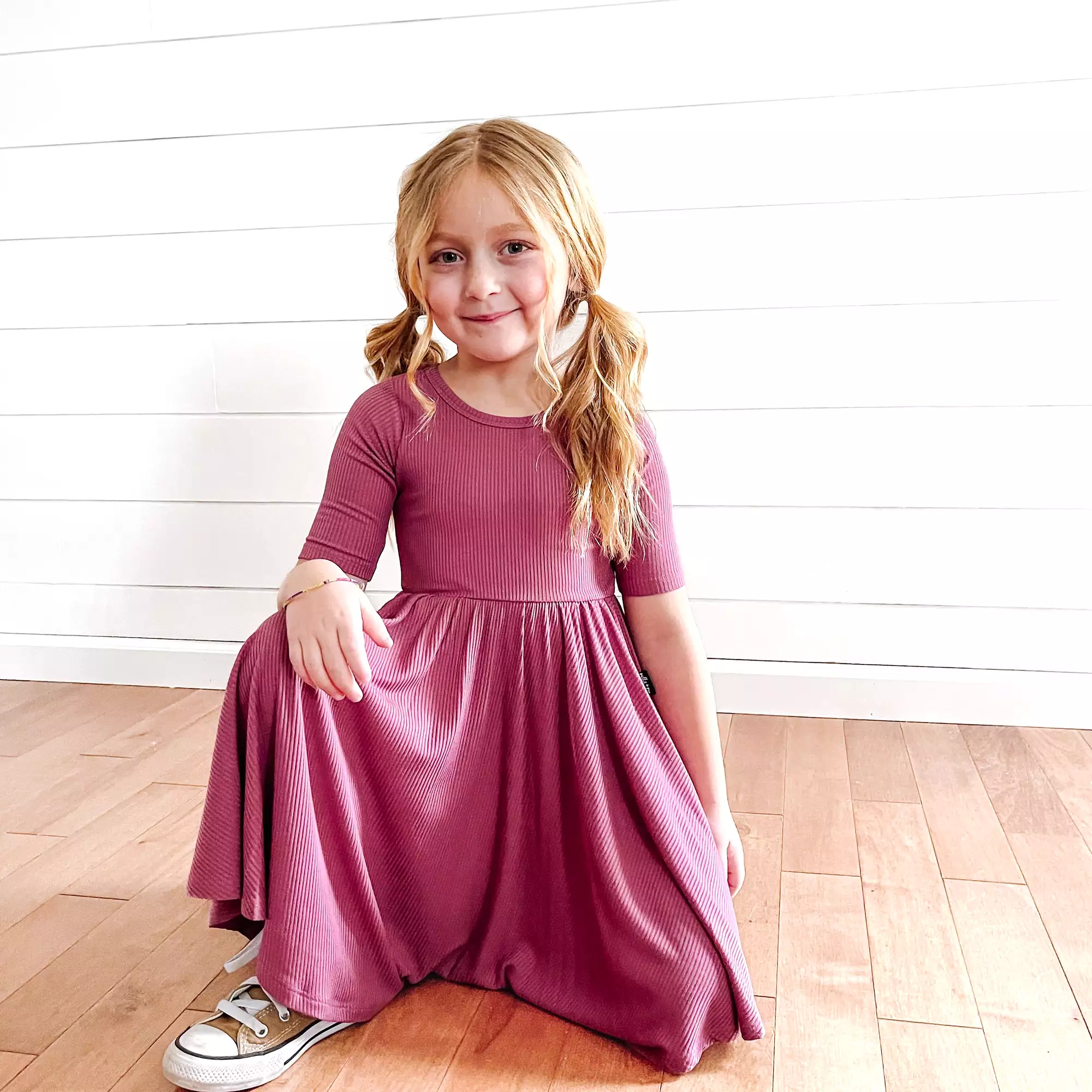 MID SLEEVE TWIRL DRESS- Mauve Ribbed