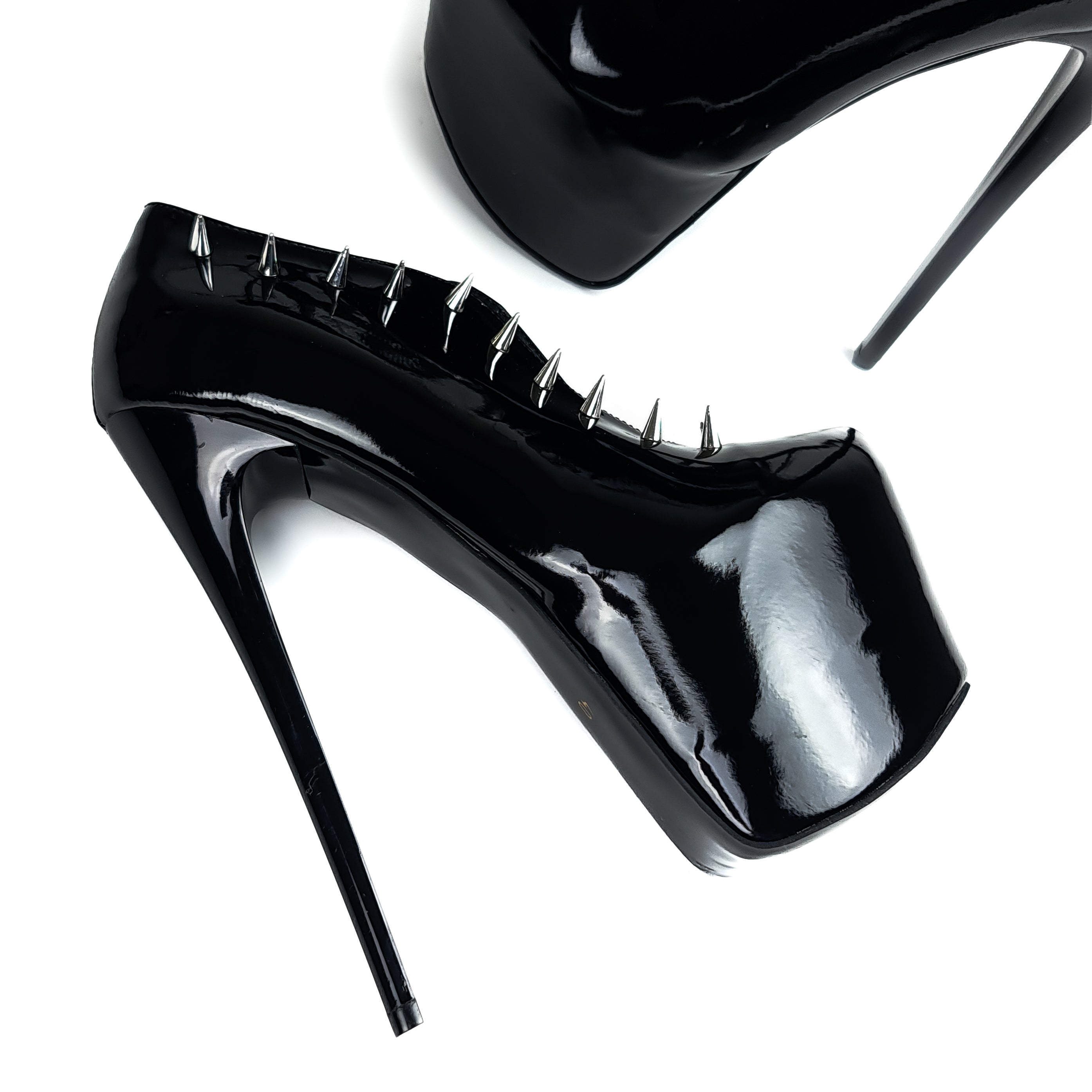 Mid Slit Black Gloss Spiked Ankle Cut High Heels