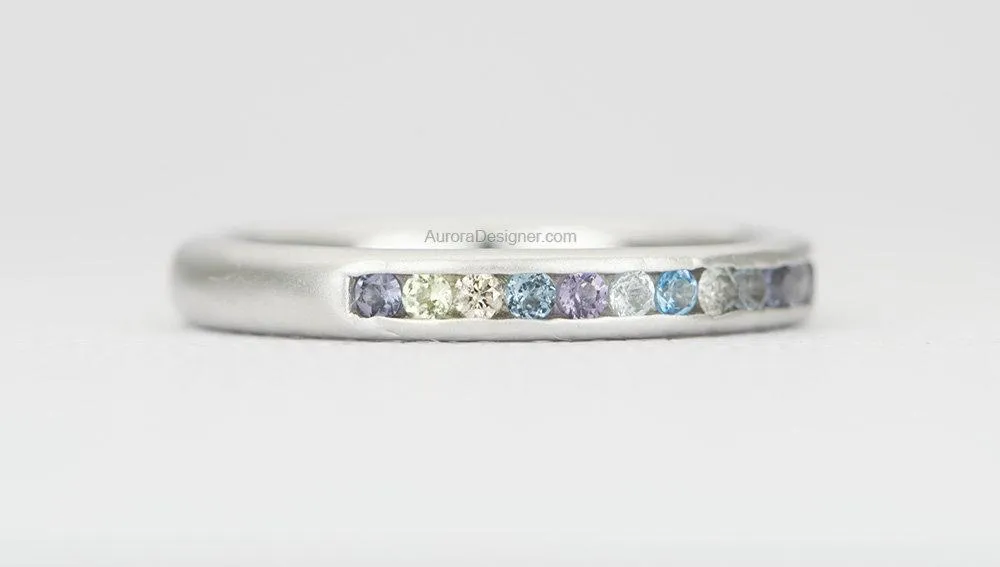 Mixed Blue Green Gray Diamond and Gemstone Ring in Channel Setting 14K Gold Mermaid Colors AD1559