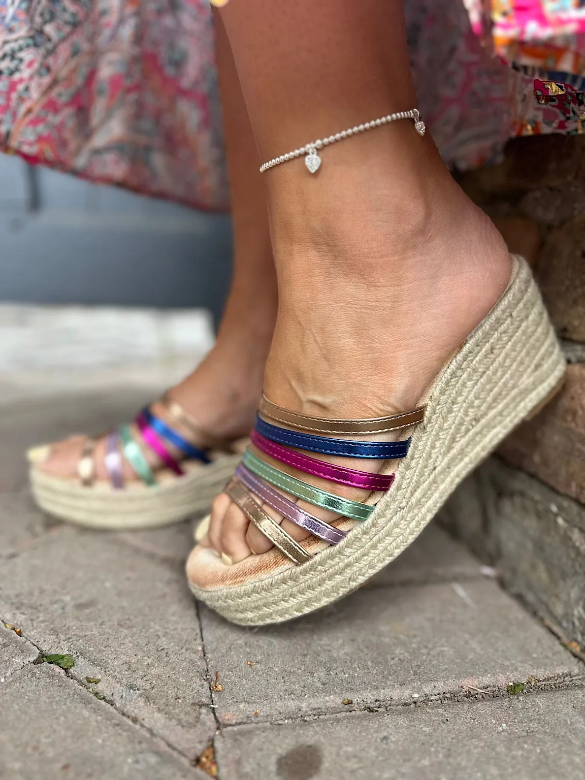 Multicolour Metallic Strappy Wedge