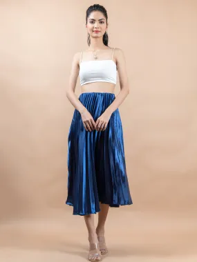 Navy Blue Flared Skirt with Accordion Pleats For Women