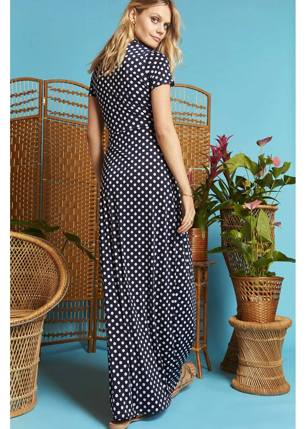 Onjenu Pitot Polkadot 70's Maxi Dress Navy