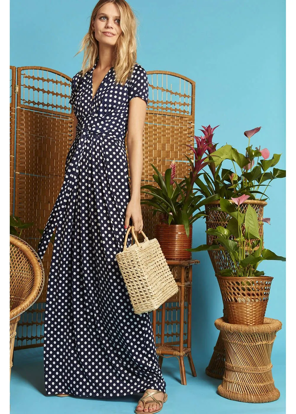 Onjenu Pitot Polkadot 70's Maxi Dress Navy