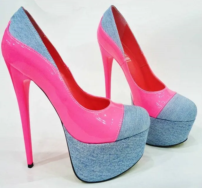 Pink and Denim  Platform High Heel Pumps