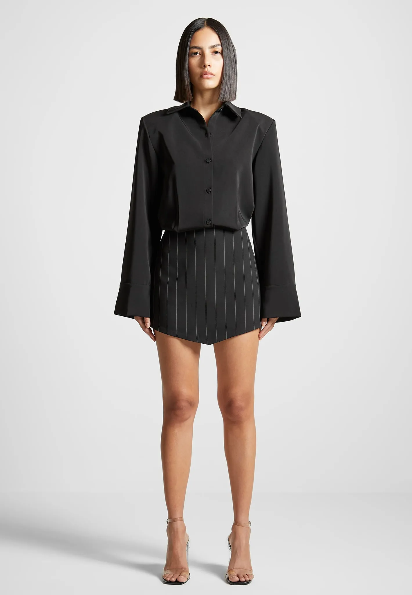 Pinstripe Skirt Shirt Dress - Black