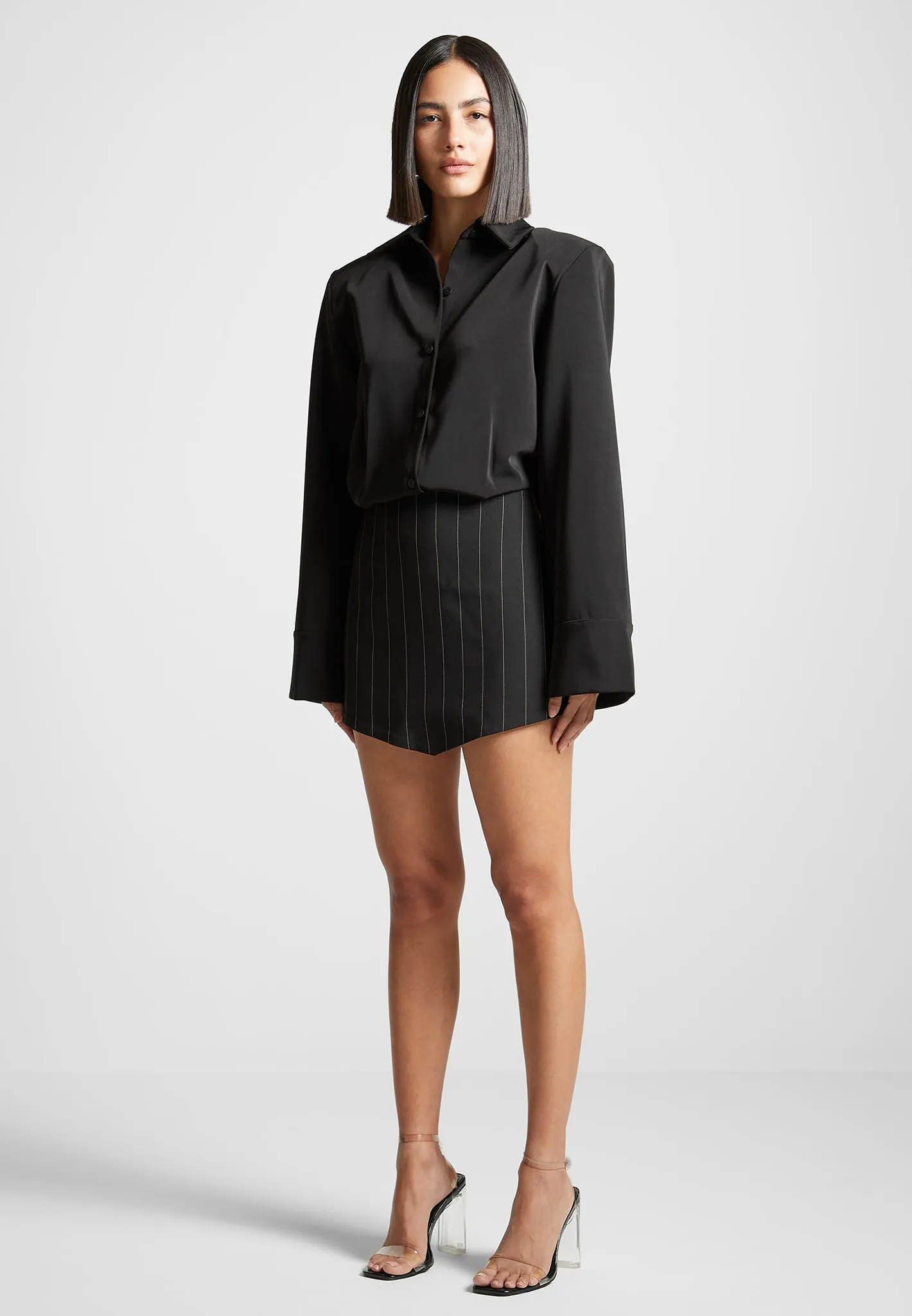 Pinstripe Skirt Shirt Dress - Black