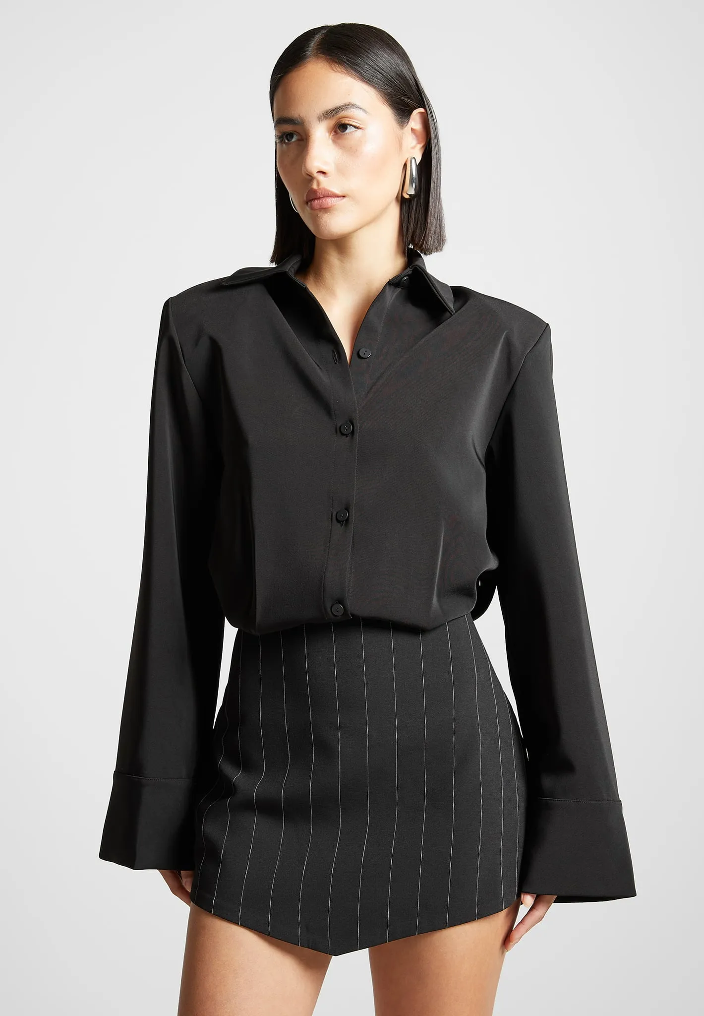 Pinstripe Skirt Shirt Dress - Black