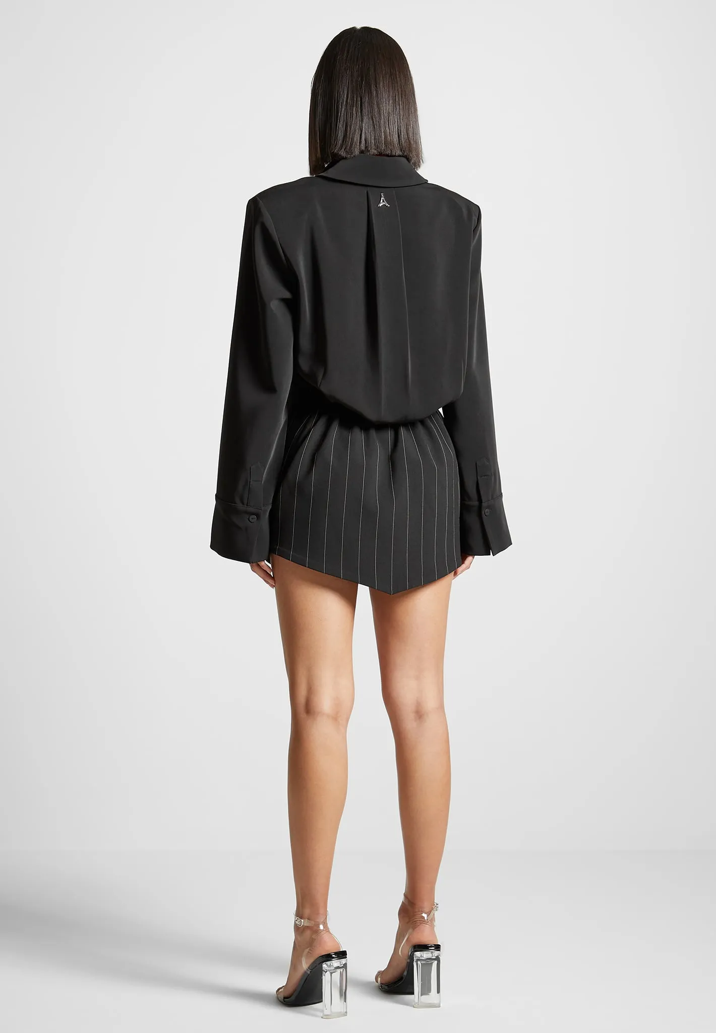 Pinstripe Skirt Shirt Dress - Black