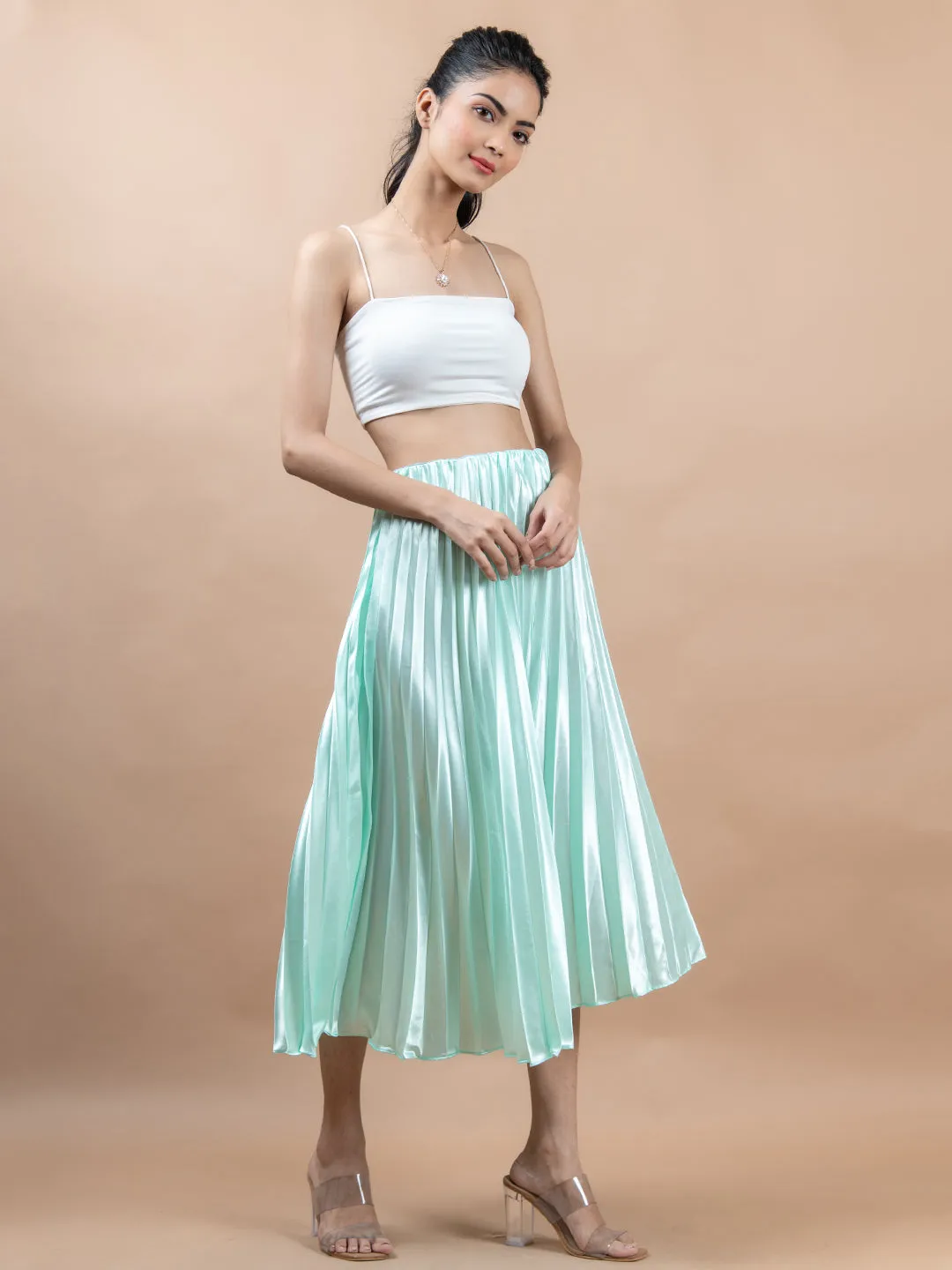 Pista Green Flared Skirt with Accordion Pleats For Women