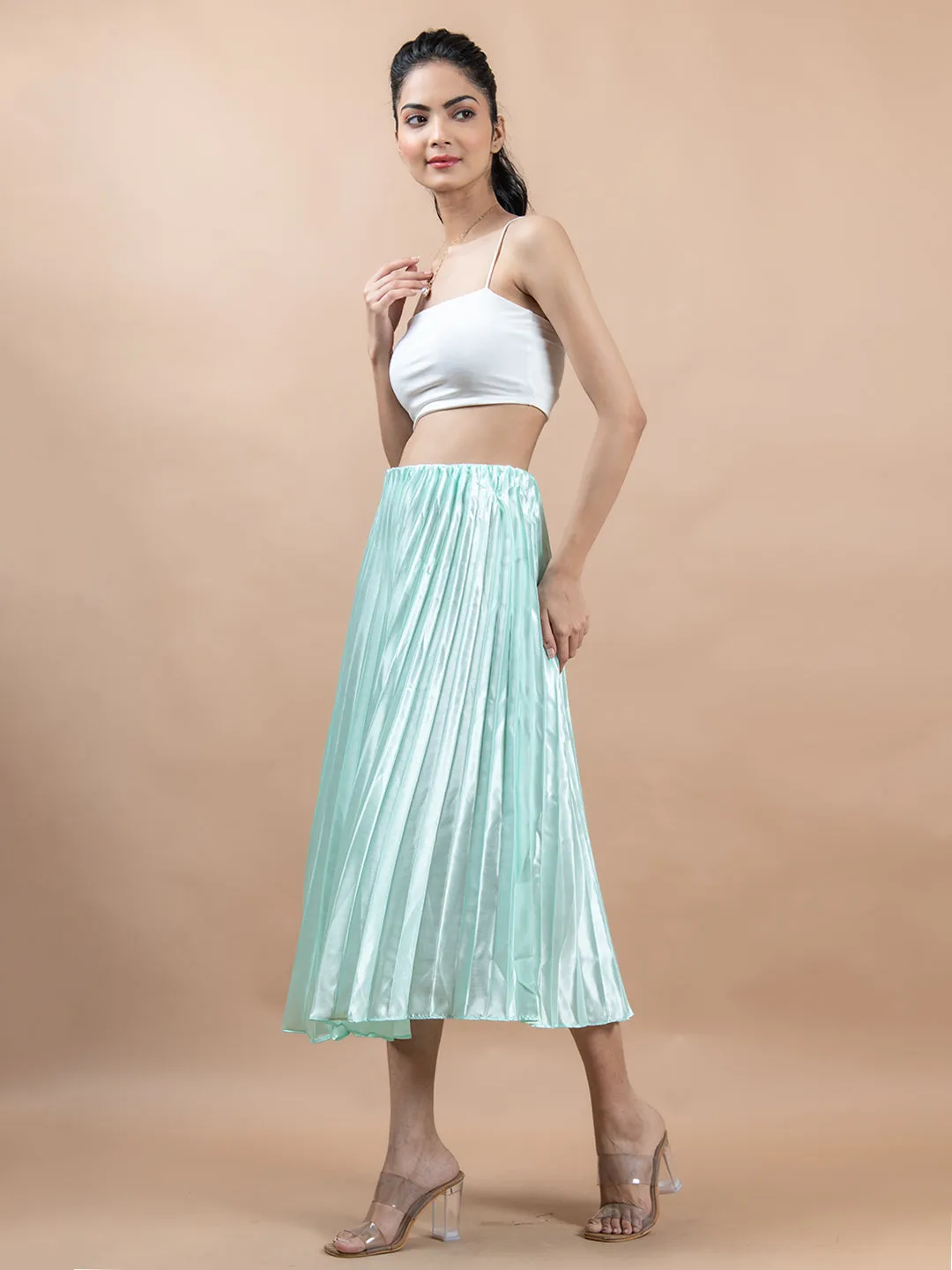 Pista Green Flared Skirt with Accordion Pleats For Women