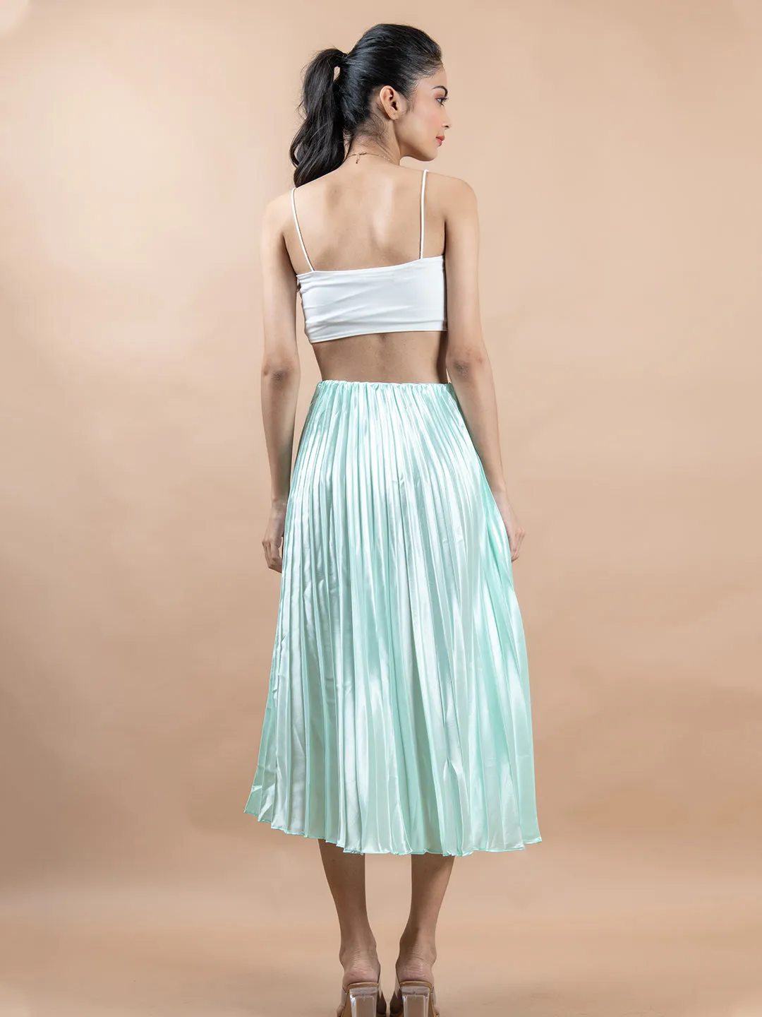 Pista Green Flared Skirt with Accordion Pleats For Women