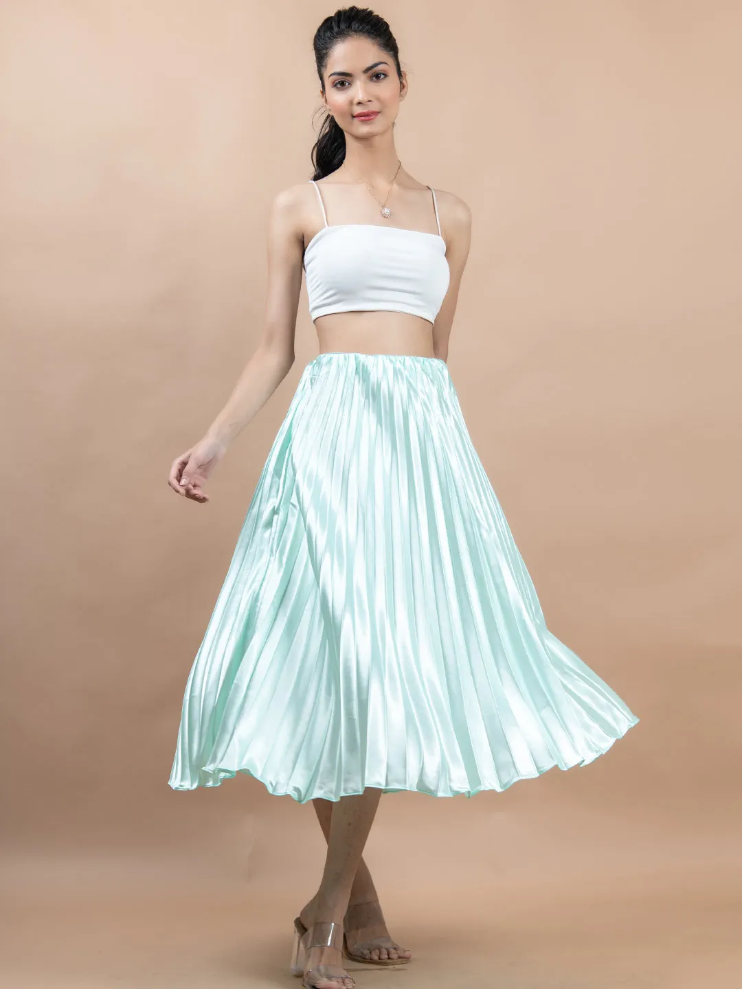 Pista Green Flared Skirt with Accordion Pleats For Women