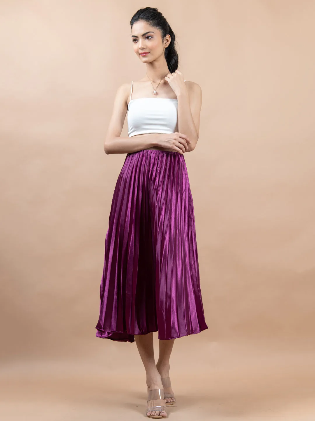 Purple Flared Skirt with Accordion Pleats For Women