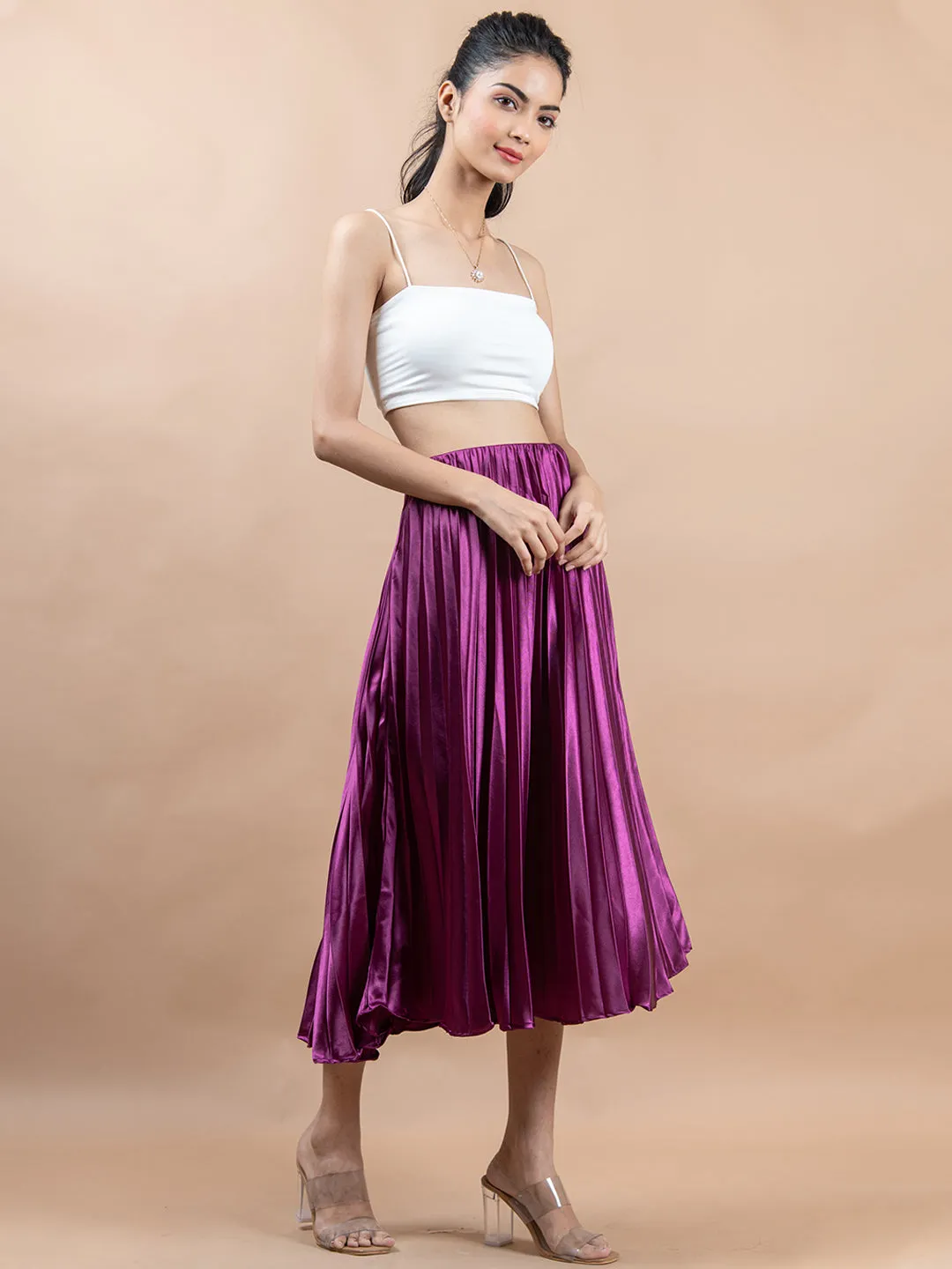 Purple Flared Skirt with Accordion Pleats For Women