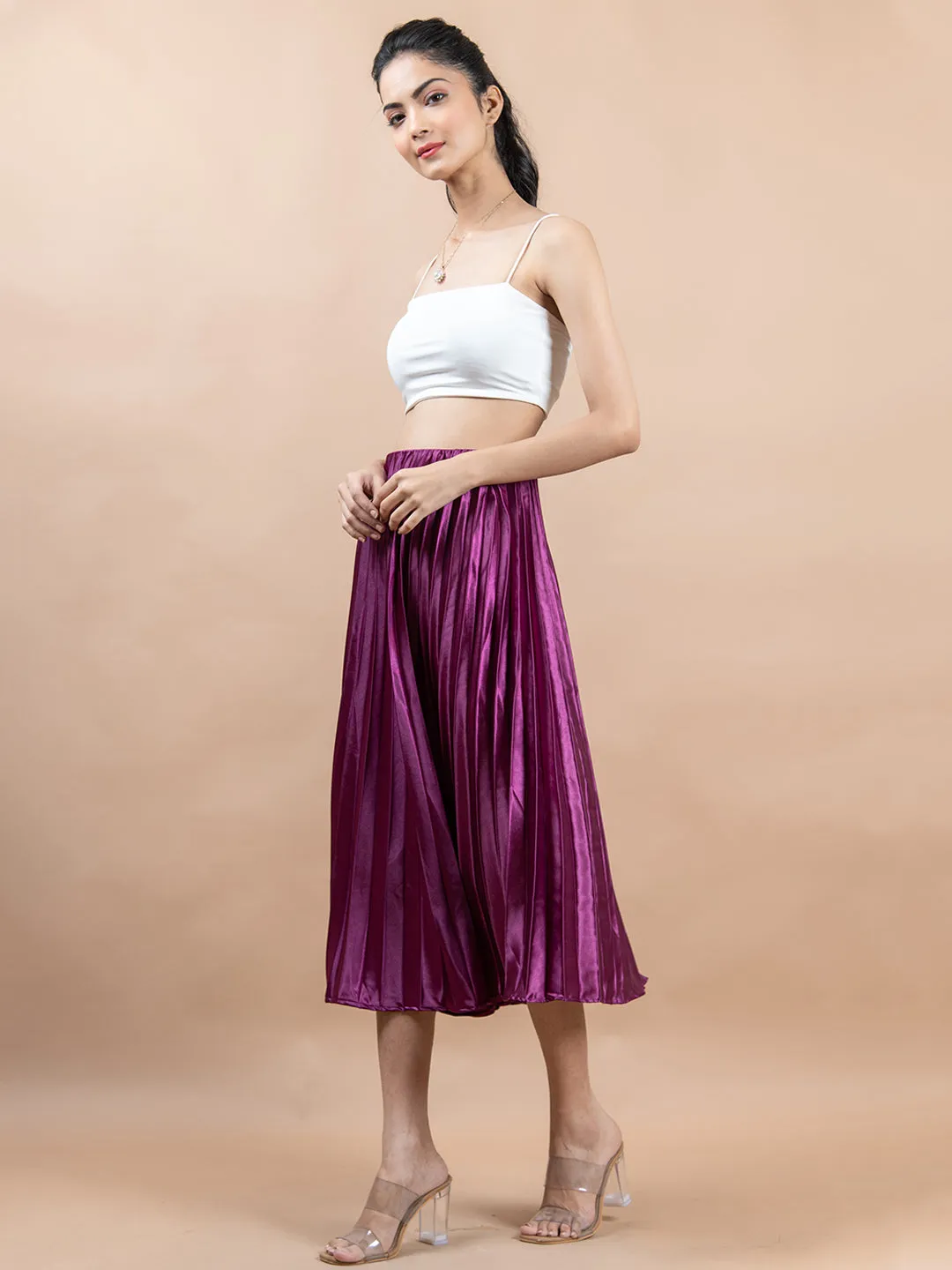 Purple Flared Skirt with Accordion Pleats For Women