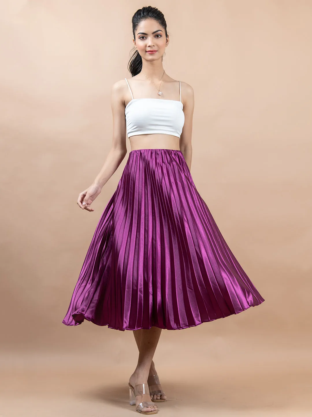 Purple Flared Skirt with Accordion Pleats For Women