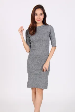 Quarter Sleeve Side Slit Bodycon Midi Dress in Dark Grey