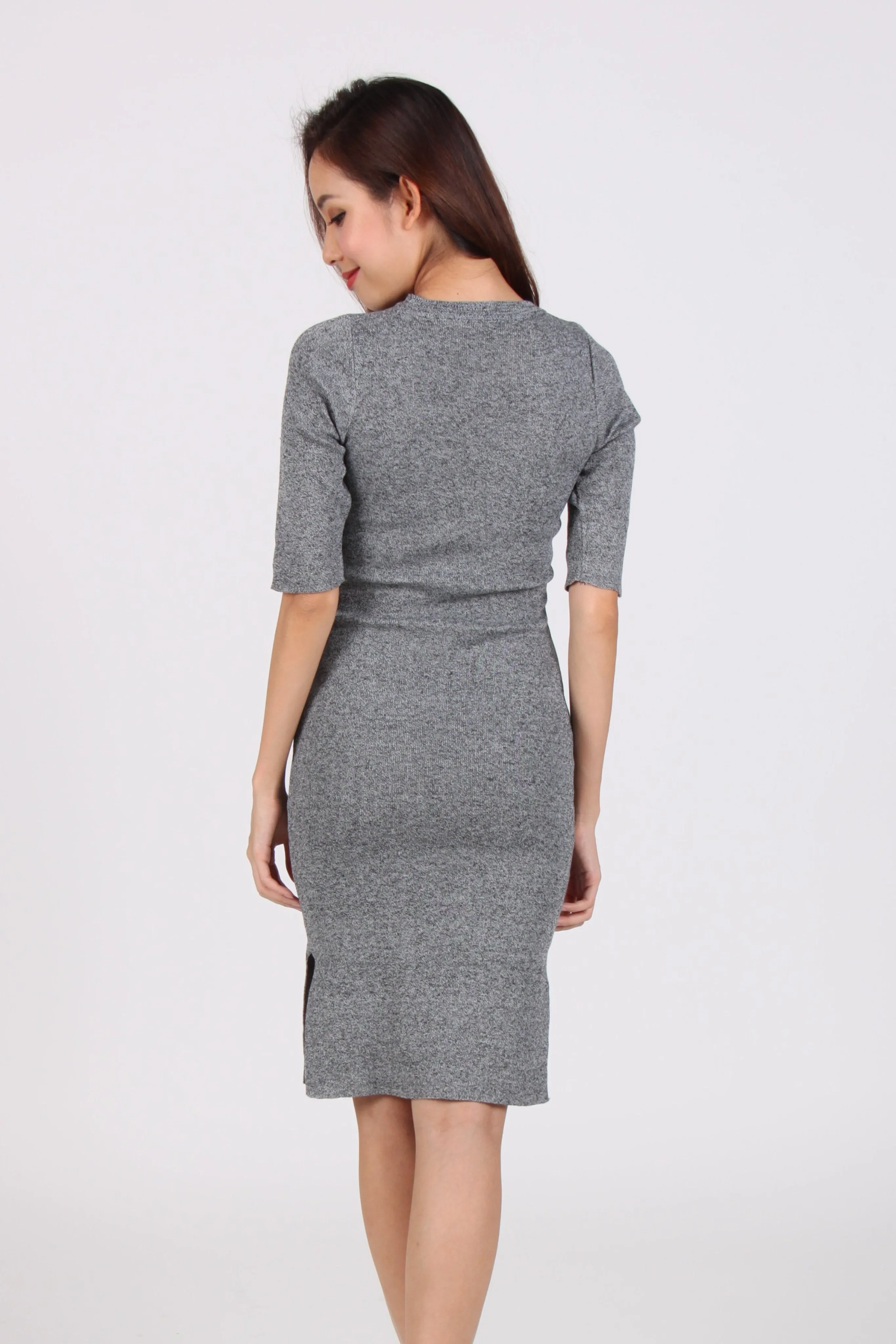 Quarter Sleeve Side Slit Bodycon Midi Dress in Dark Grey