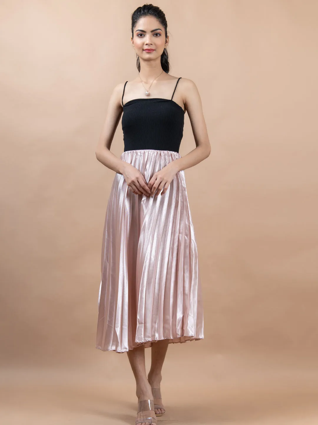 Rose Gold Flared Skirt with Accordion Pleats For Women